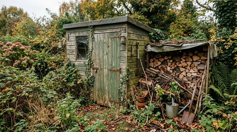 Brown rat in a UK garden at dusk near a garden shed with overgrown vegetation