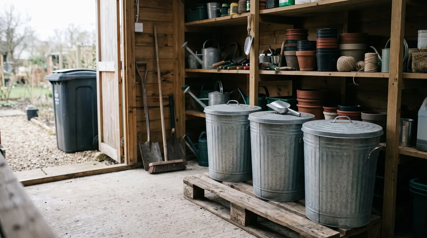 Bird seed and pet food stored in lidded galvanised metal bins on a pallet in a tidy shed