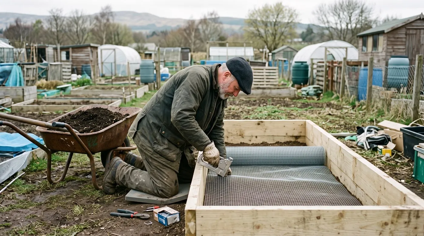 Allotment gardener fixing galvanised wire mesh across the base of a new raised bed to keep rats out