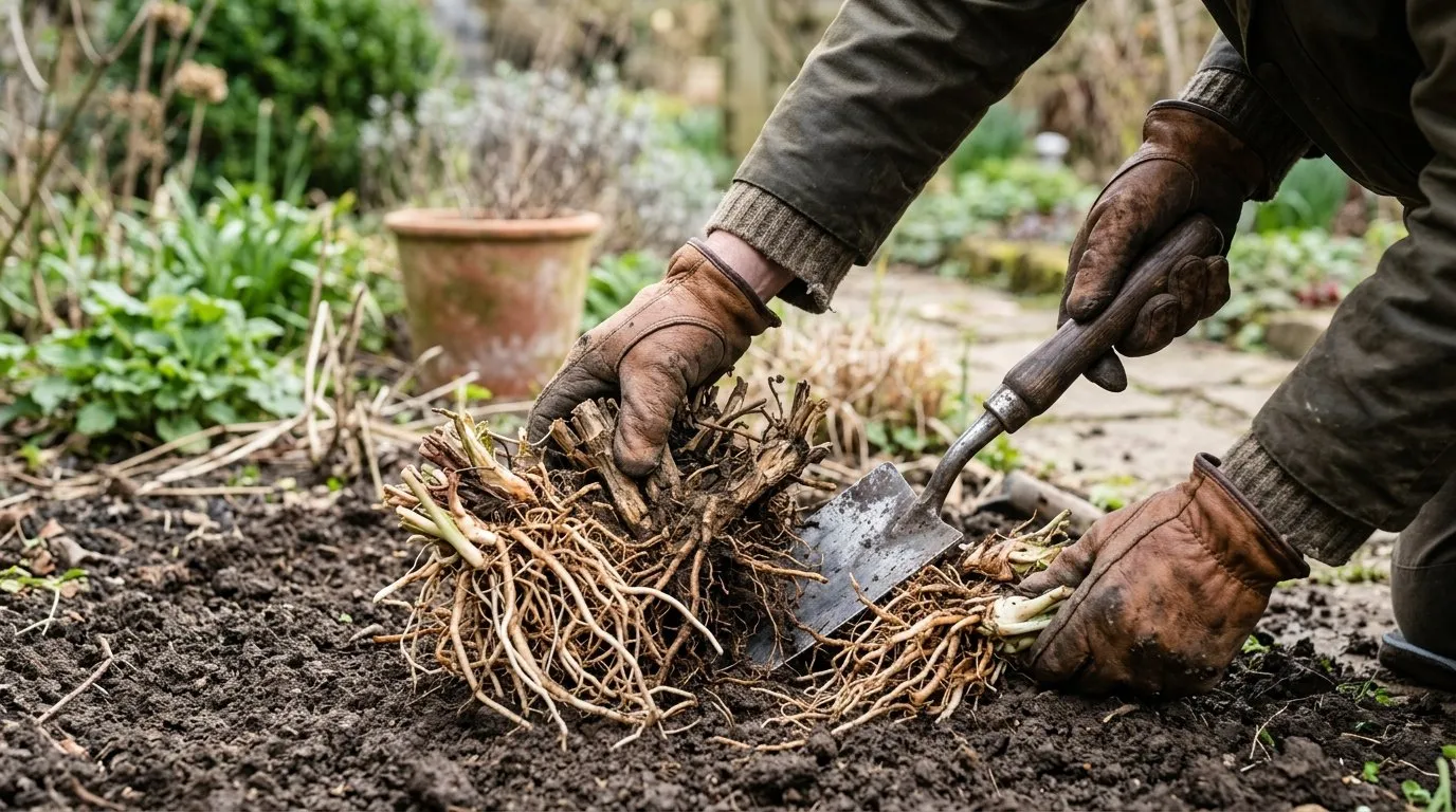 Geum dividing clumps with spade in March showing vigorous outer growth and woody centre
