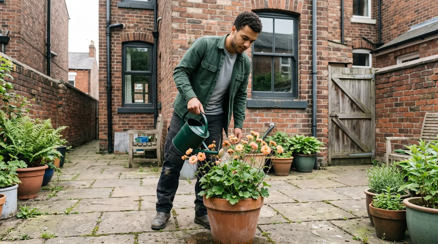 Man watering a terracotta pot of compact apricot geums in a paved terraced-house yard