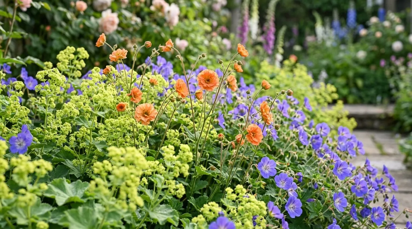Geum Totally Tangerine planted with alchemilla mollis and hardy geranium in a UK cottage border