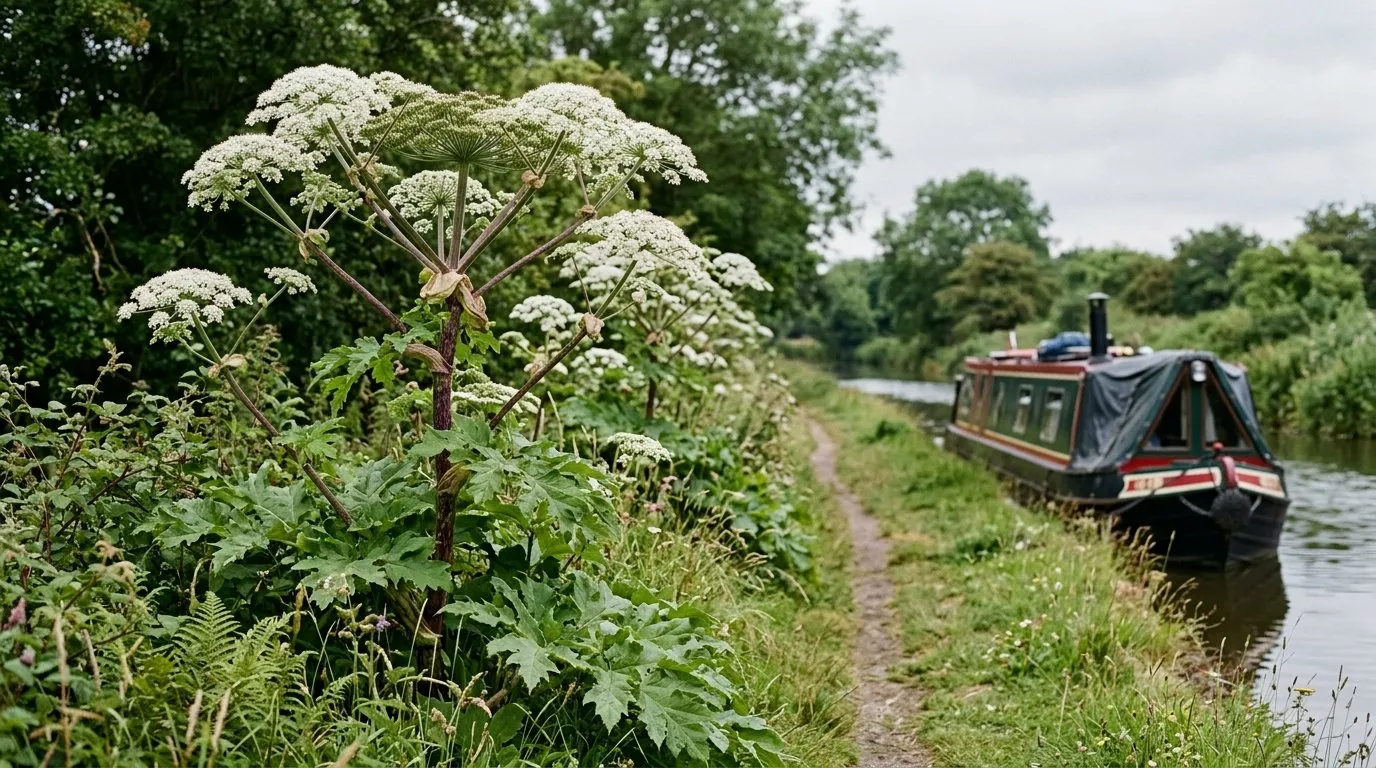 Giant hogweed growing along a UK canal towpath beside a moored narrowboat