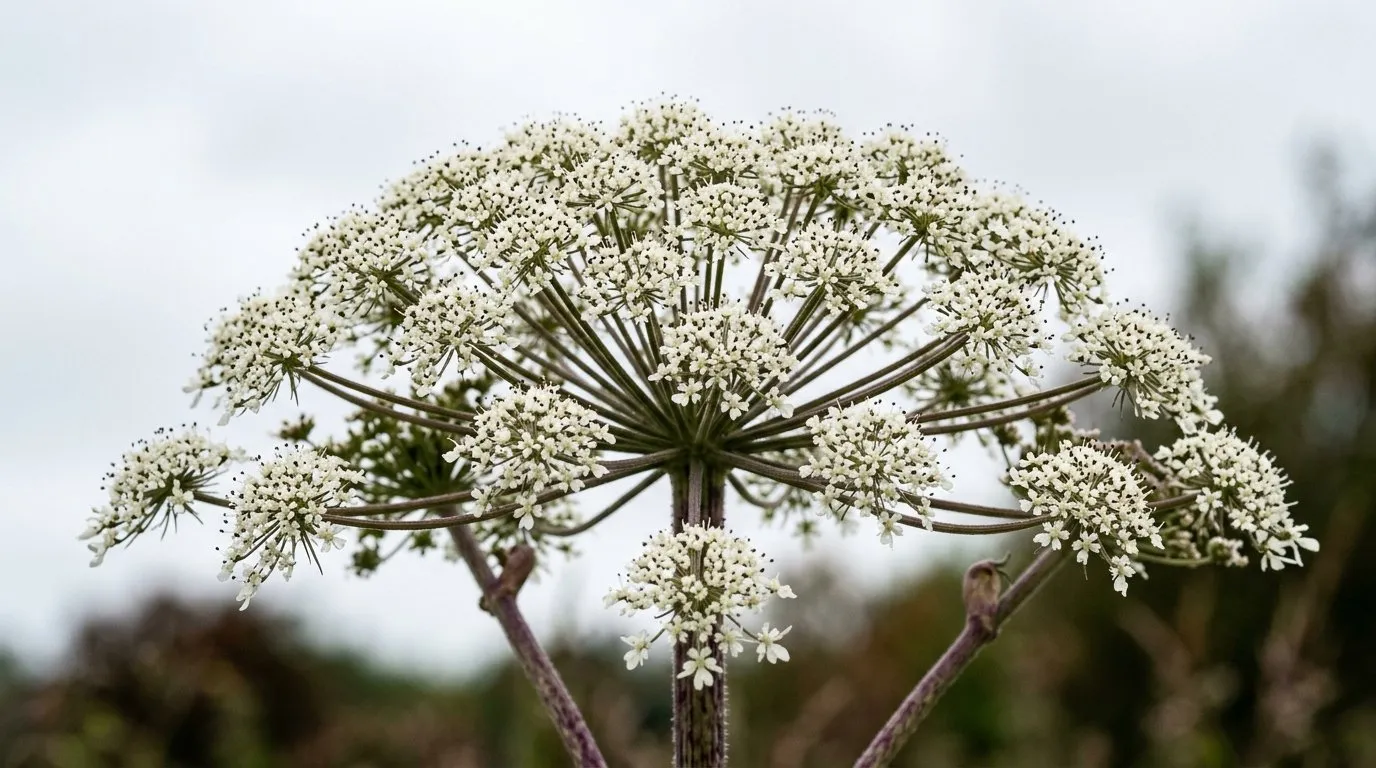 Close-up of a single giant hogweed white flower umbel up to 60cm across against a pale sky