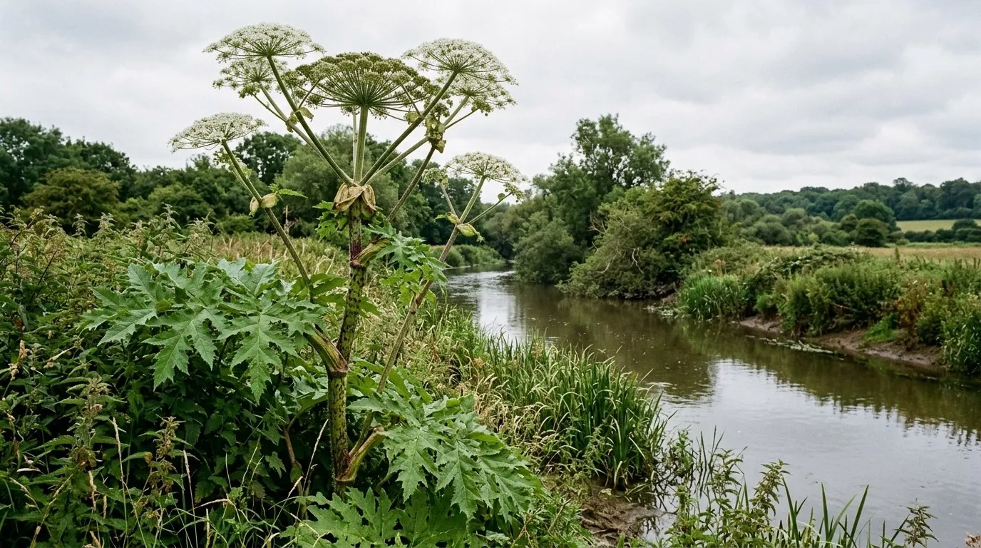 Giant hogweed with huge white flower heads towering over a UK riverbank in July
