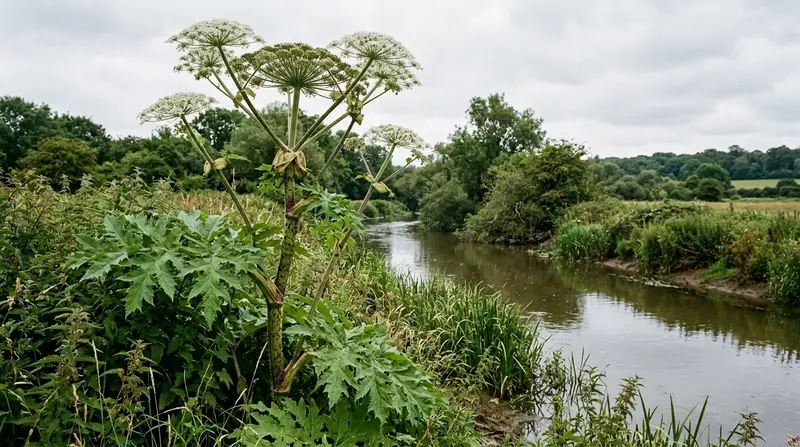 Giant hogweed towering four metres tall with huge white flower heads on a UK riverbank in July