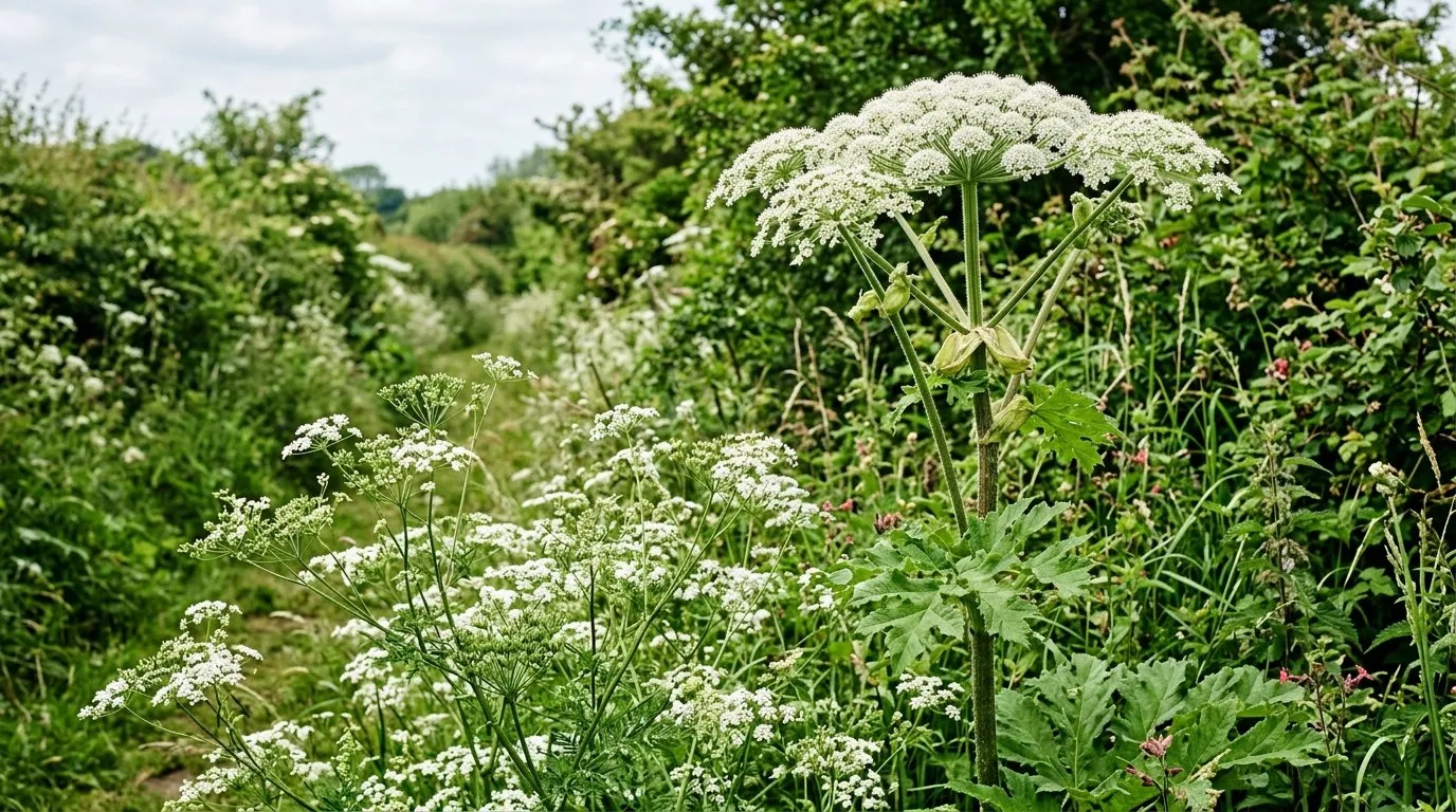 Cow parsley and a larger hogweed together in a British hedgerow showing the difference in scale