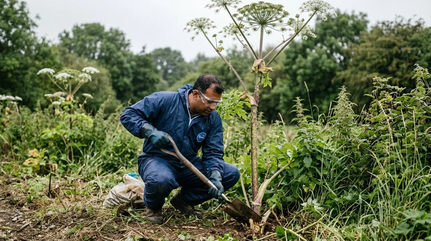 A professional in full protective clothing removing giant hogweed with a spade