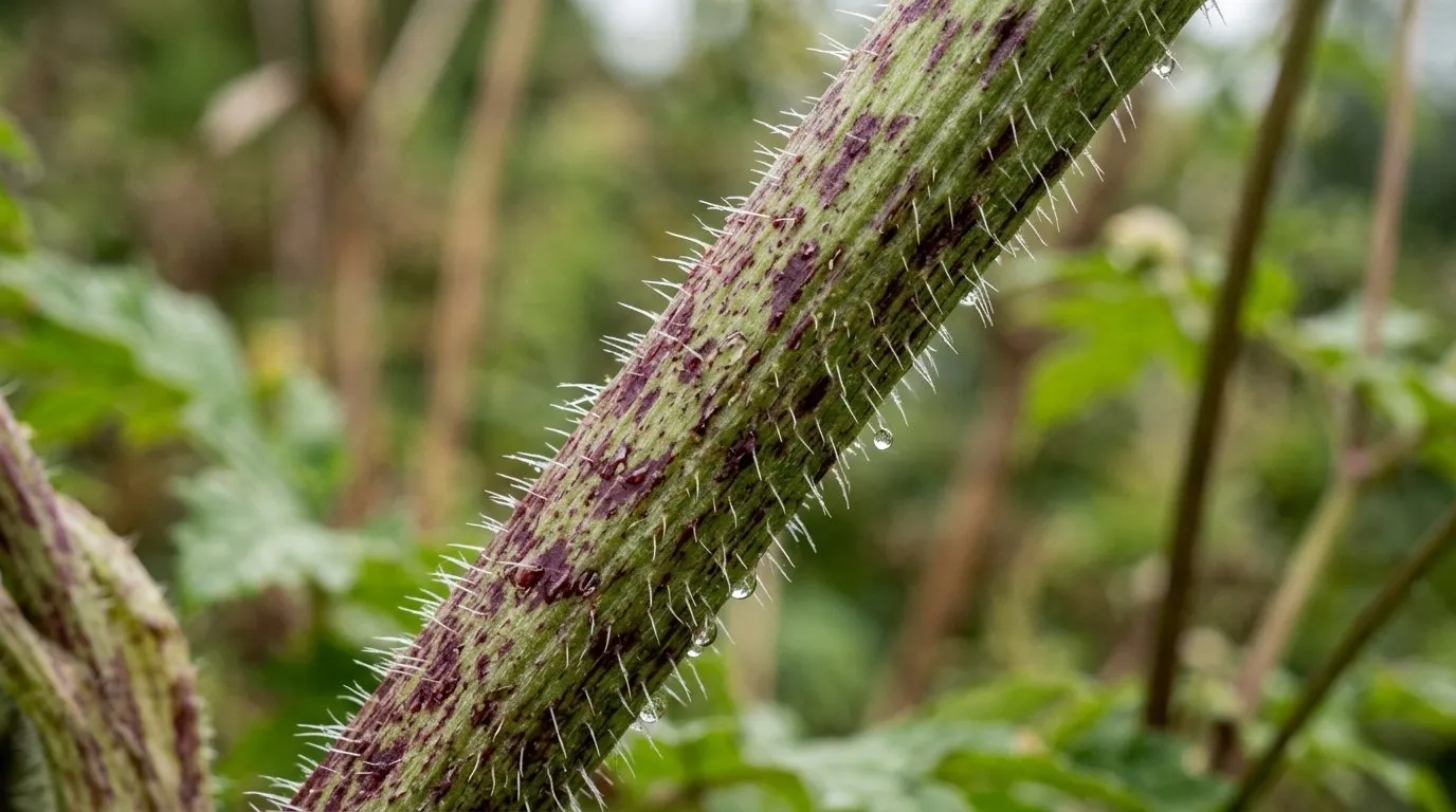 Close-up of a giant hogweed stem showing purple-red blotches and white bristles