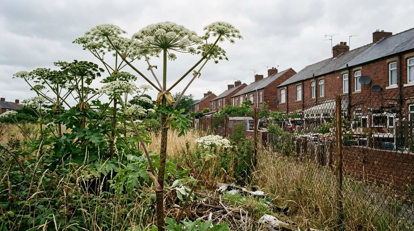 Giant hogweed growing on waste ground behind a red-brick housing estate