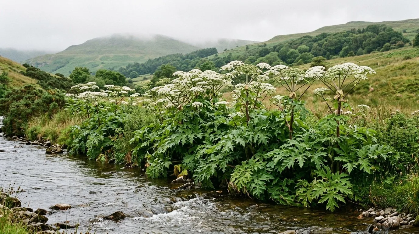 Giant hogweed dominating a rural Welsh riverbank with green hills behind