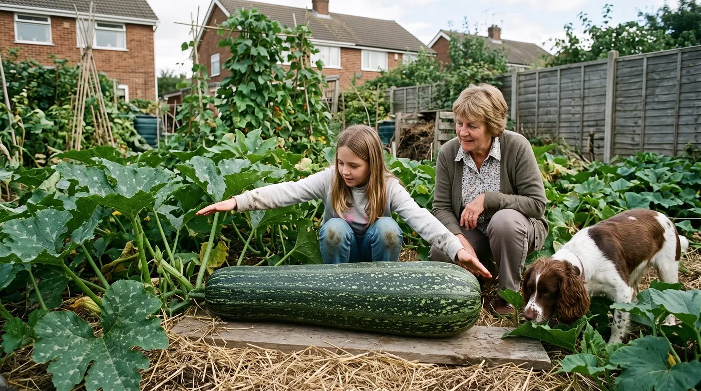 Girl and her grandmother crouching beside a huge striped marrow resting on a board on straw in a back garden