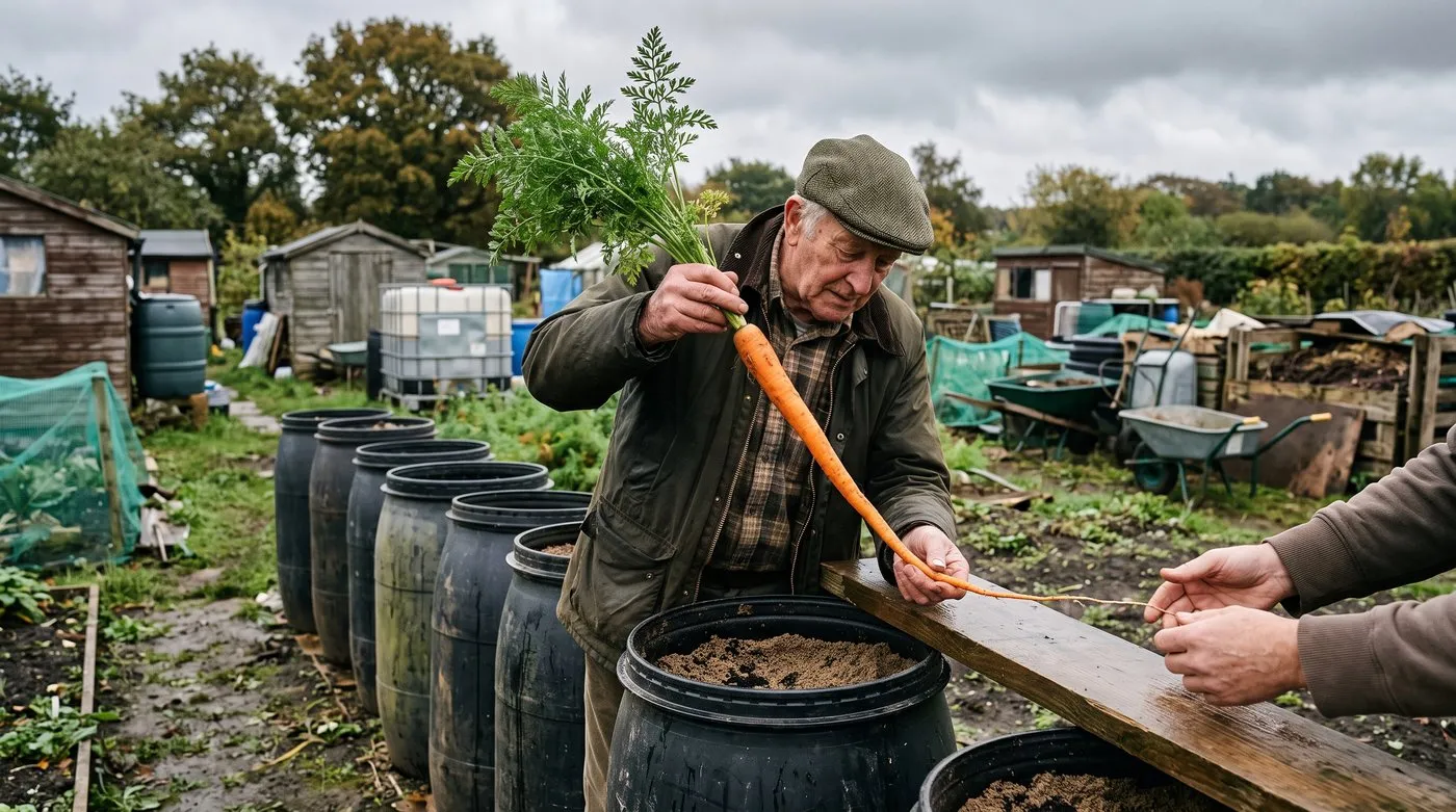 Grower holding up a long, thin show carrot over a board beside drums of sieved compost