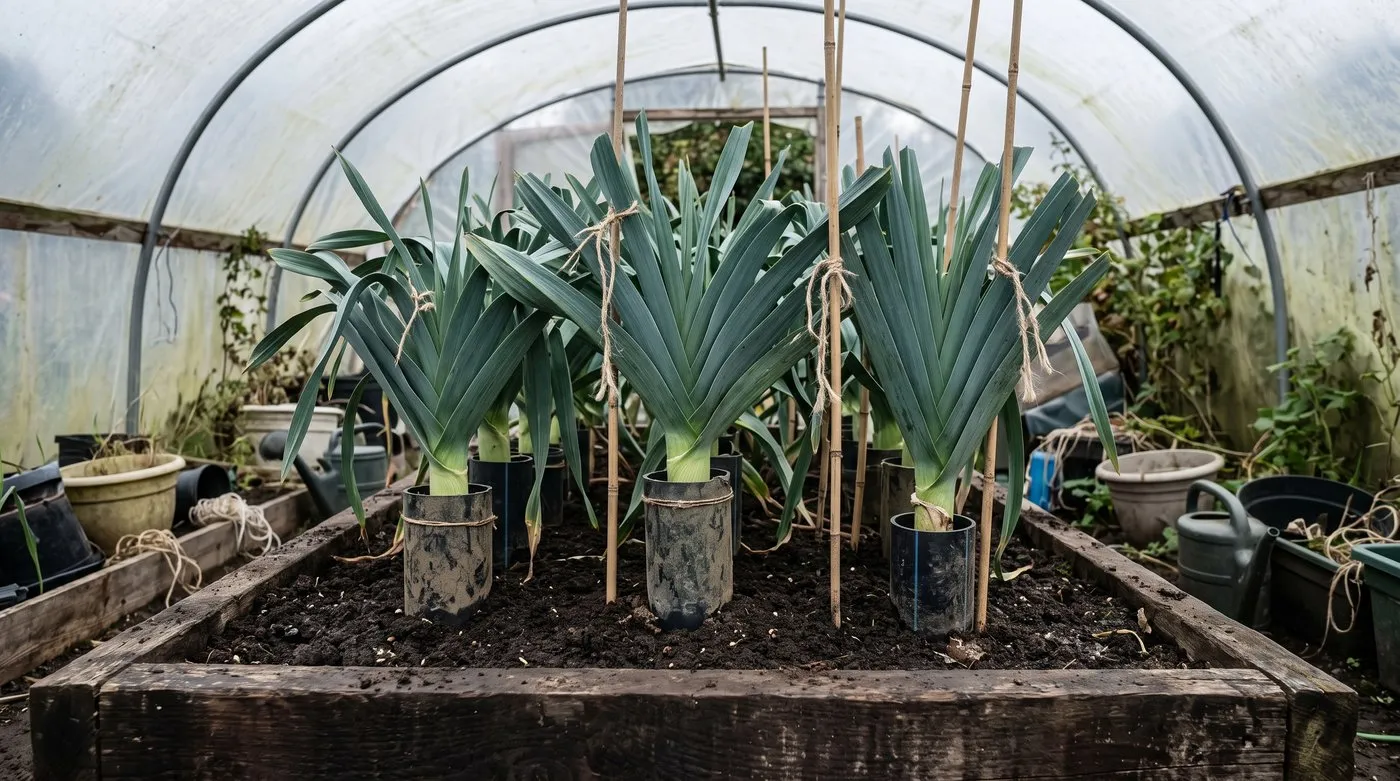 Row of thick pot leeks with blanching collars growing in a deep bed in a polytunnel