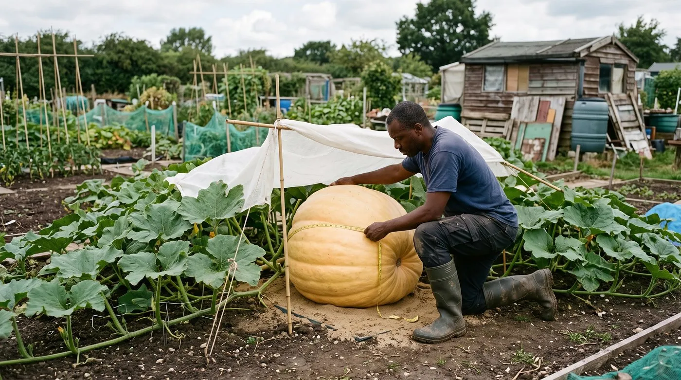 Grower measuring a giant pumpkin on a sprawling vine under a shade cloth on an allotment