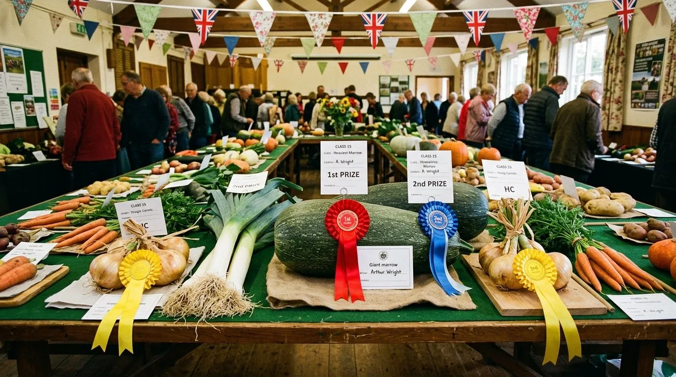 UK village vegetable show table with rosettes attached to giant marrows, leeks, onions, and carrots