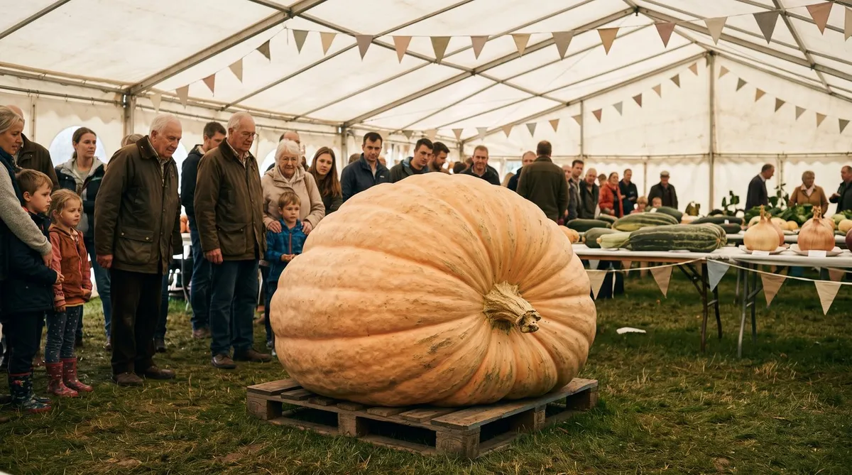 Giant pale orange pumpkin on a pallet in a show marquee with visitors looking on