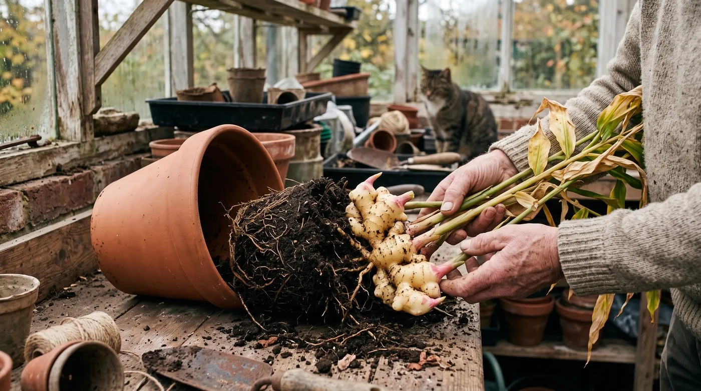 Fresh ginger rhizomes lifted from a pot in autumn with yellowing stems still attached