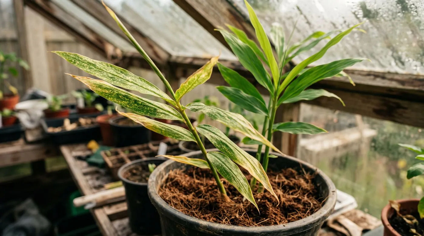 Ginger leaves with yellowing edges and pale speckling beside a healthy green stem in a greenhouse