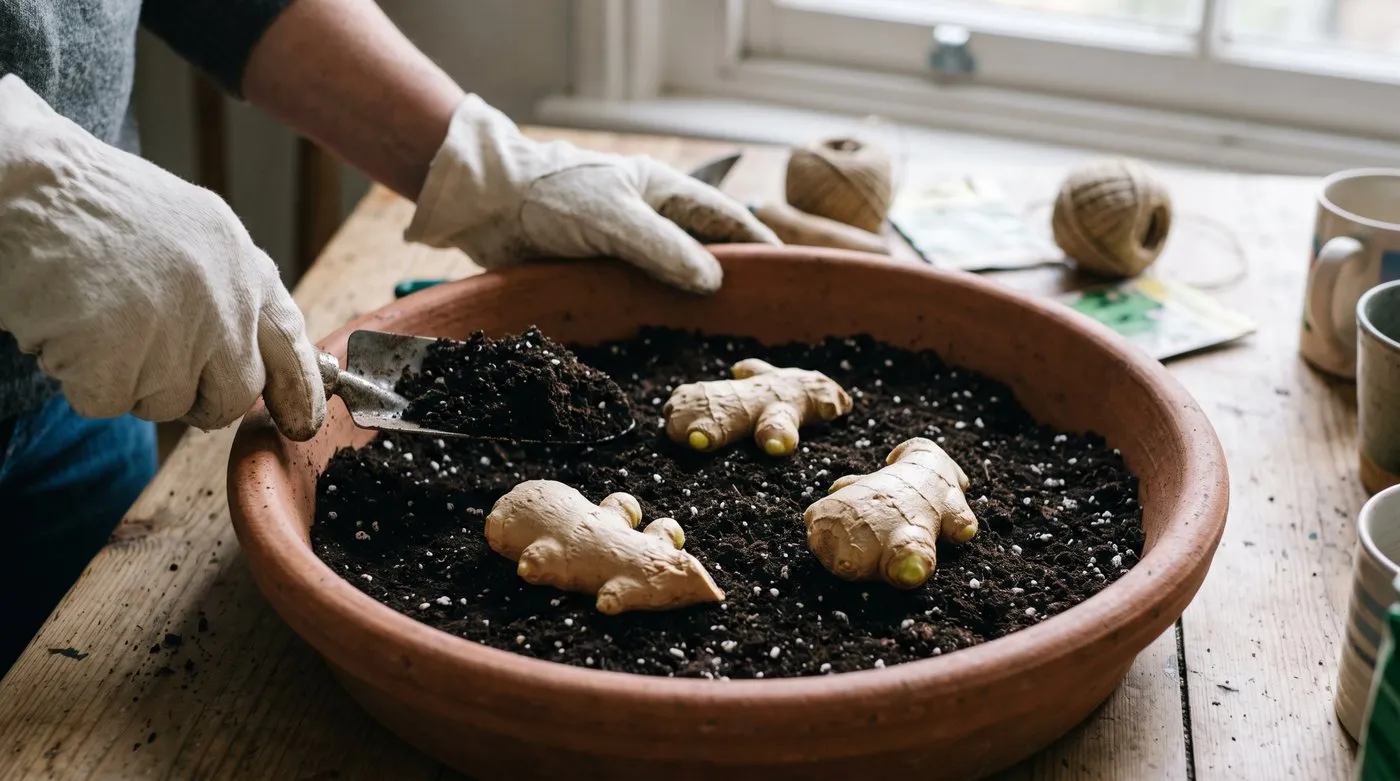 Ginger root pieces laid flat with buds facing up in a wide, shallow pot of compost before covering