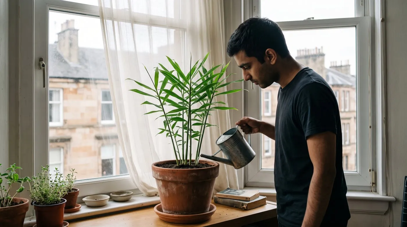 Man watering a leafy ginger plant at the base of its pot on a bright windowsill in summer