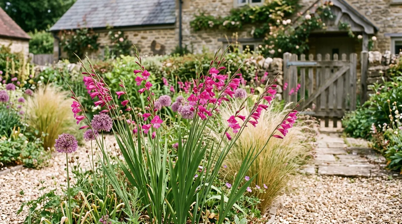 Hardy Gladiolus byzantinus with spikes of magenta-pink flowers in a sunny June border