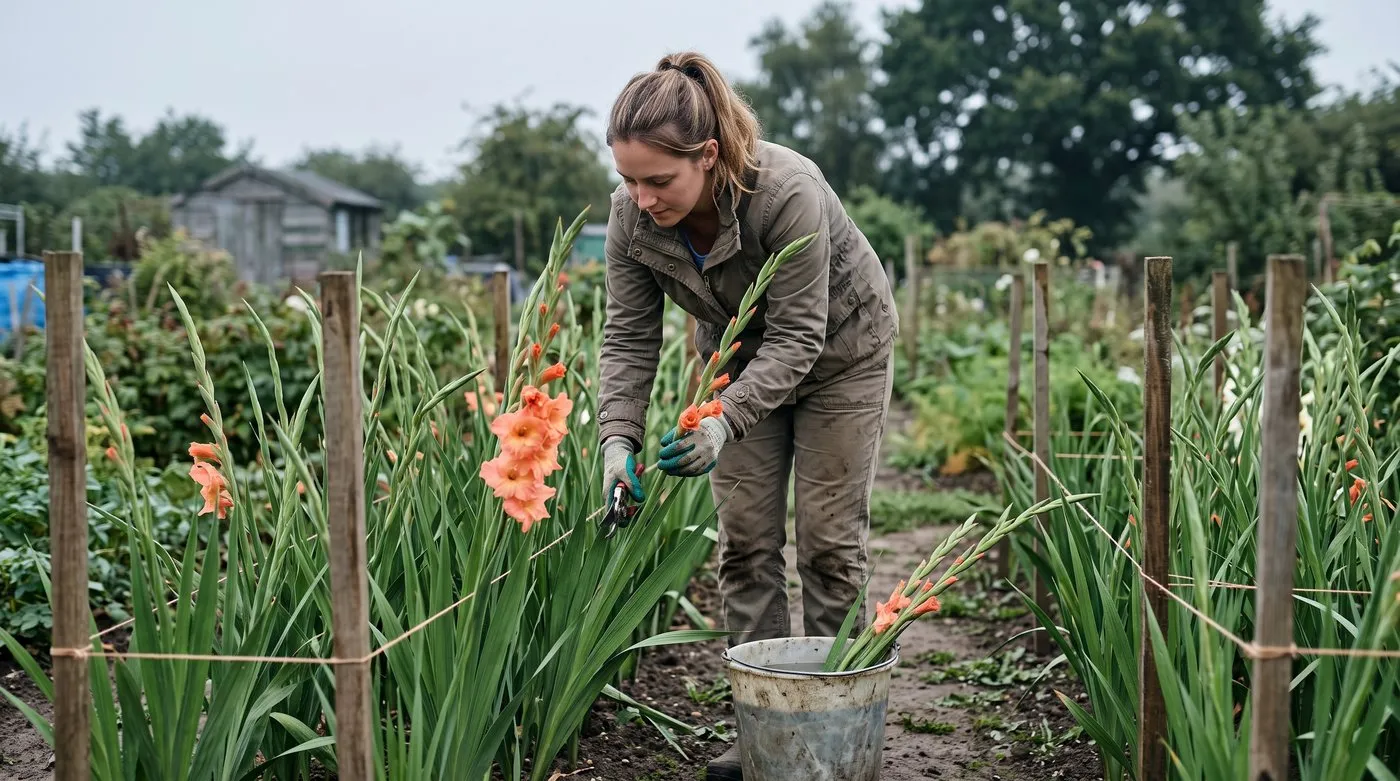 Woman cutting a gladiolus spike with the lower flowers open, leaving leaves on the plant, on an allotment