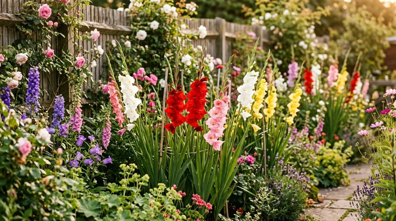Gladioli growing in mixed colours in a sunny UK cottage garden border with red pink white and yellow flower spikes
