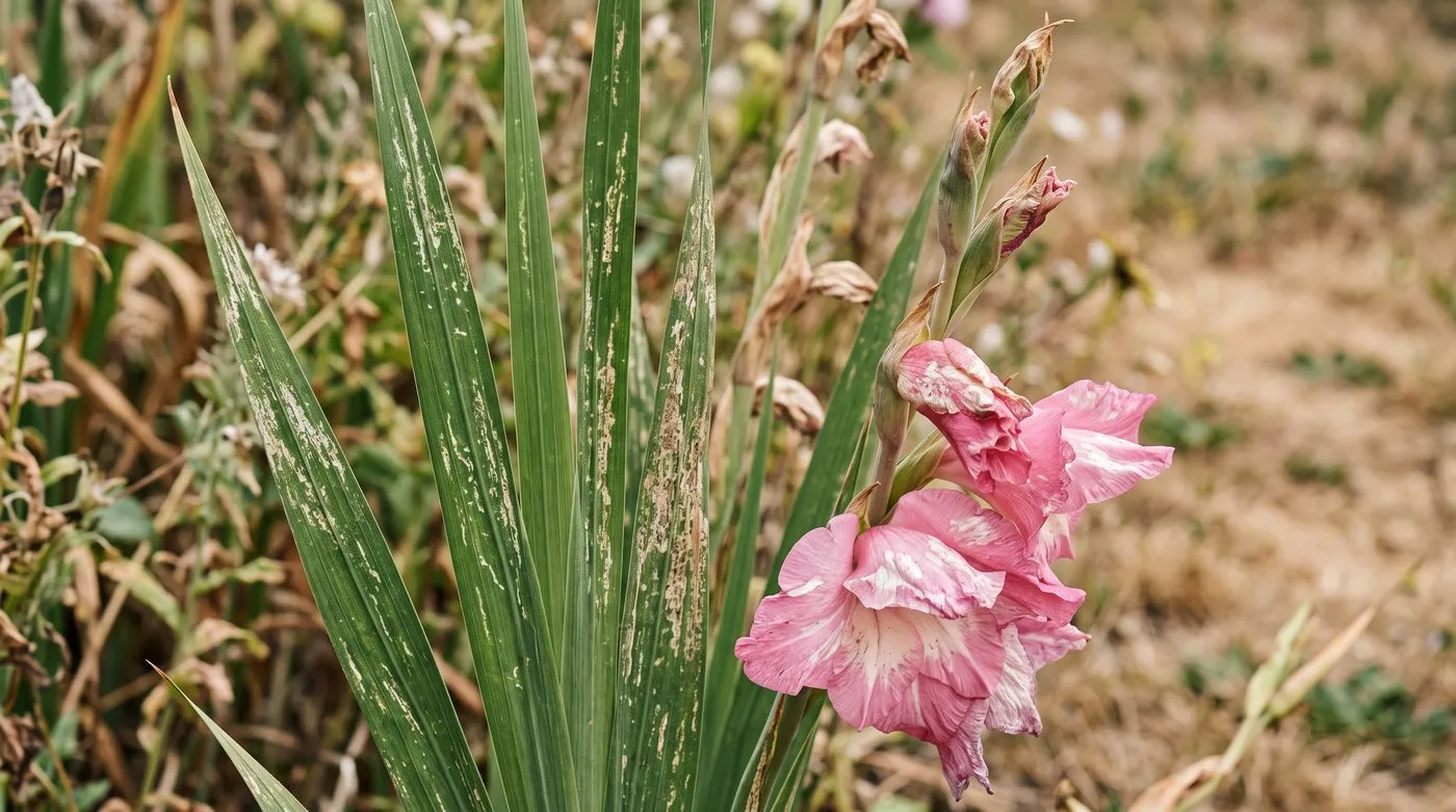 Gladiolus leaves with silvery streaks and flecked, twisted flowers caused by thrips