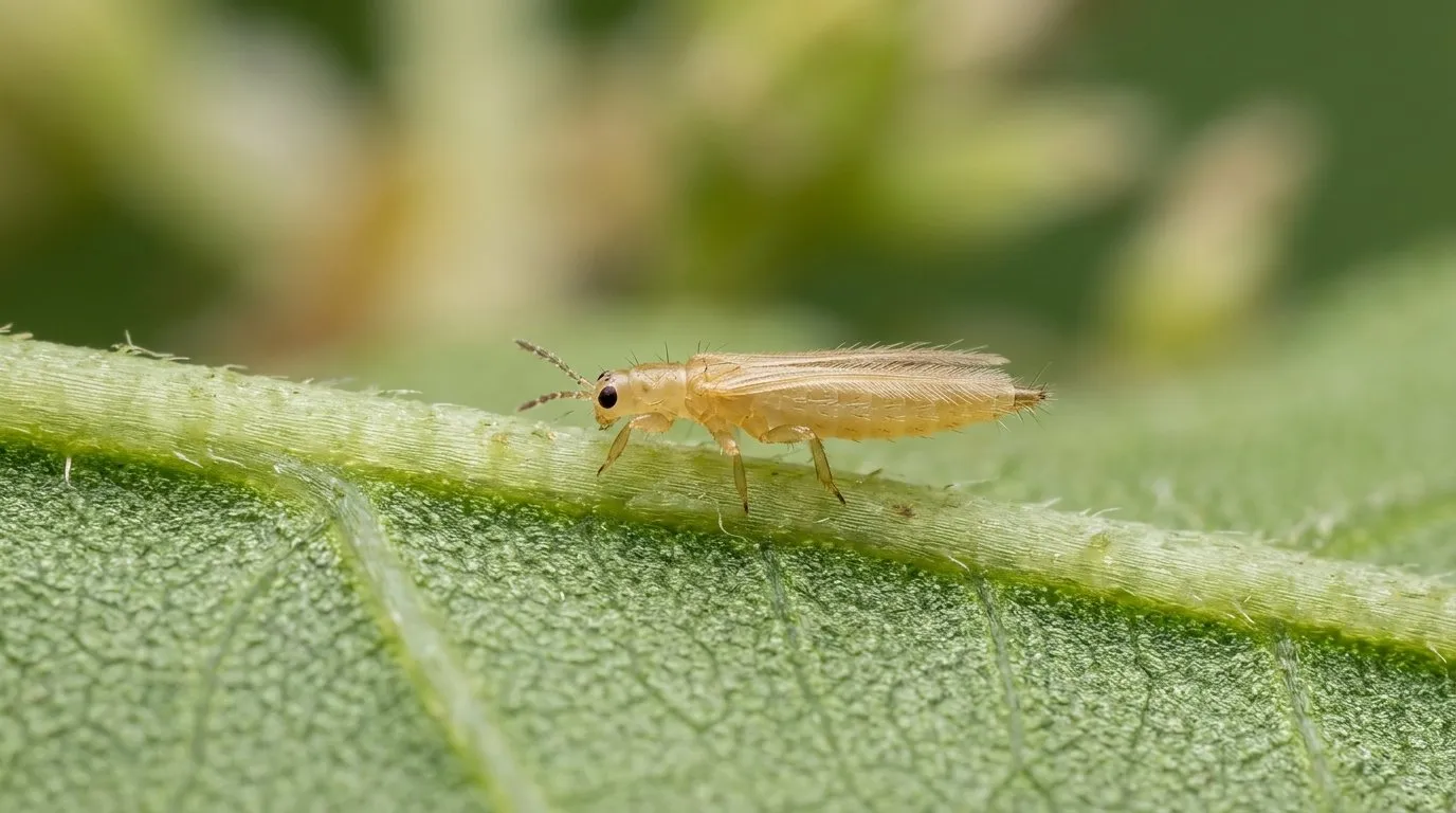 Macro photograph of an adult western flower thrips, about 1.5mm long, on a green leaf vein