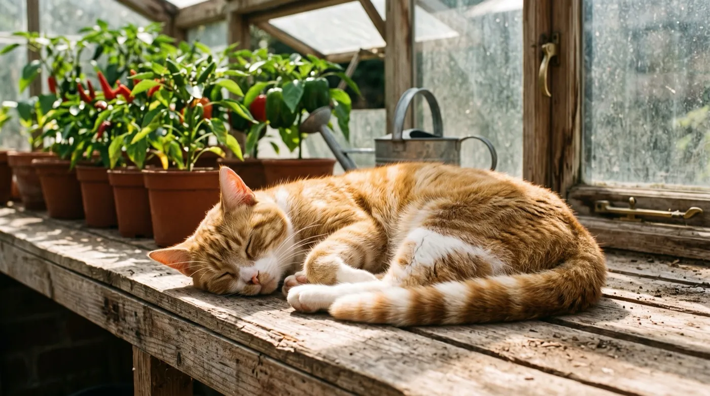 A cat asleep on the wooden staging of a hot sunny greenhouse beside pots of pepper plants