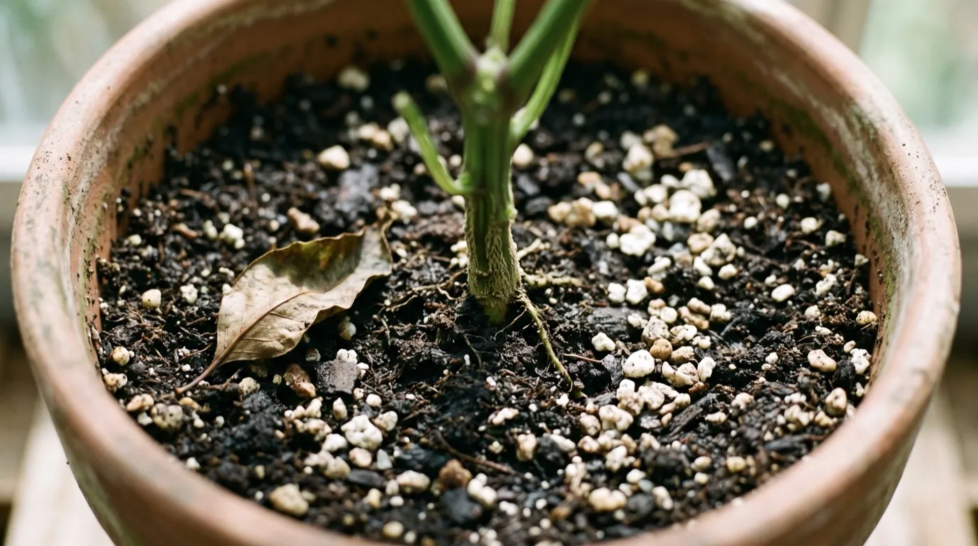 Compost surface of a greenhouse pepper pot, the top layer of grit and compost where thrips prepupae and pupae shelter