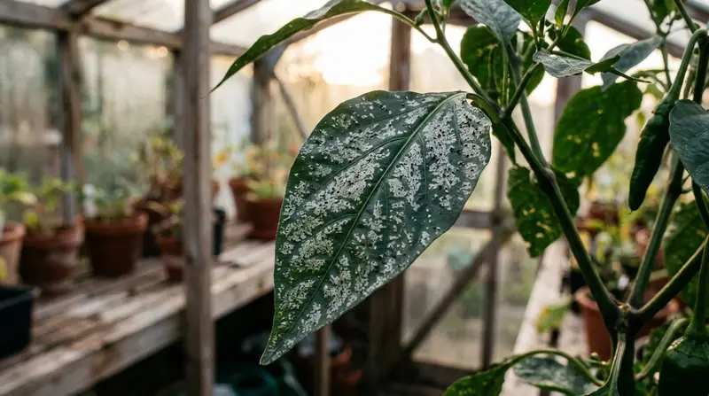 Glasshouse thrips damage showing silvery bleached stippling across the upper surface of a greenhouse plant leaf