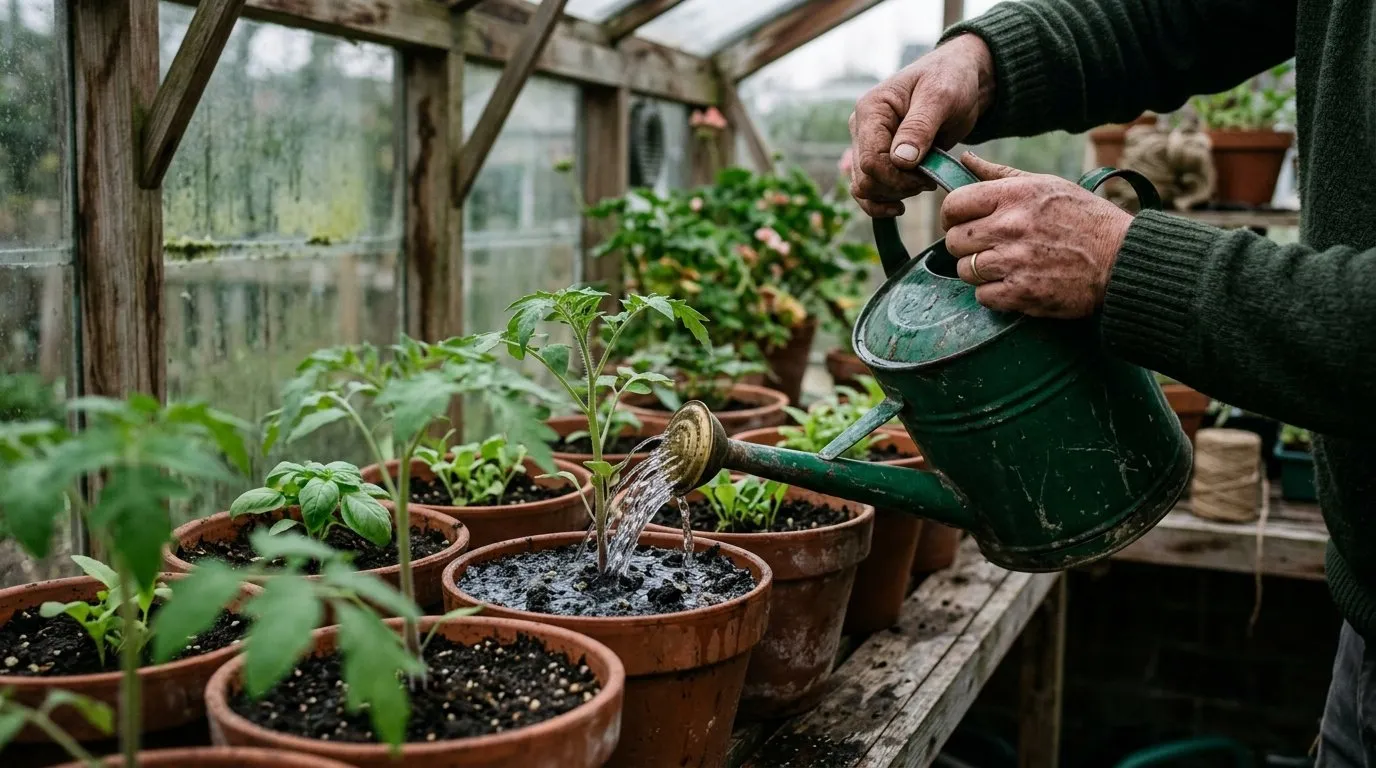 Gardener applying a Steinernema feltiae nematode drench to the compost surface of greenhouse pots with a watering can