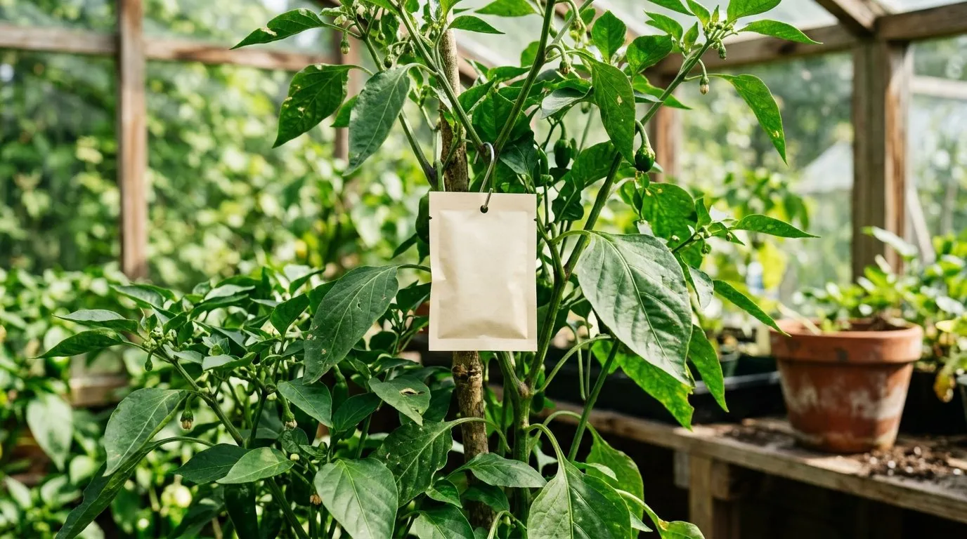 Amblyseius cucumeris predatory mite sachet hooked onto the stem of a greenhouse pepper plant