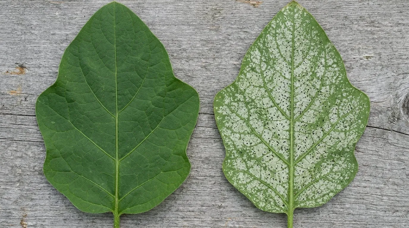 Glasshouse thrips damage: silvery stippling and tiny black faecal specks beside a clean healthy leaf