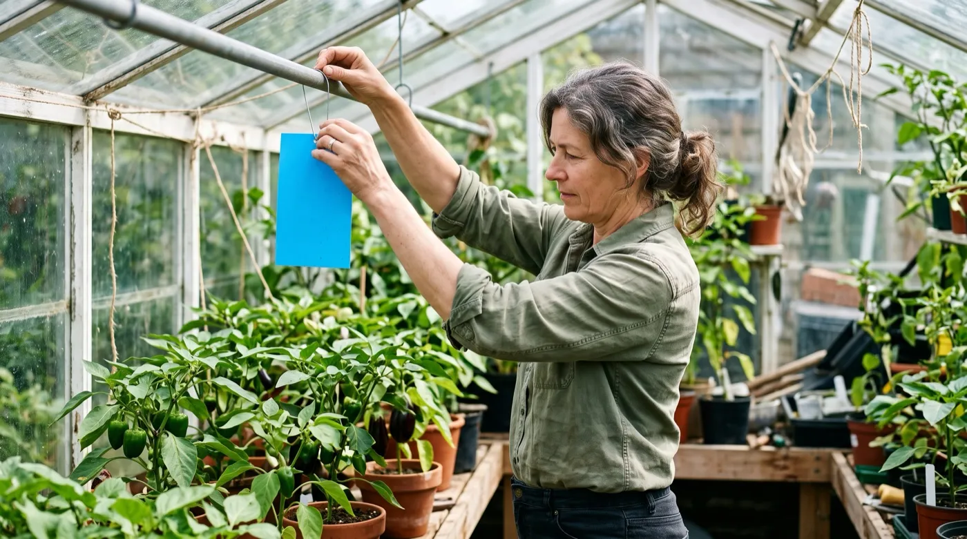 Gardener hanging a blue sticky trap at growing-tip height among greenhouse plants to monitor thrips numbers
