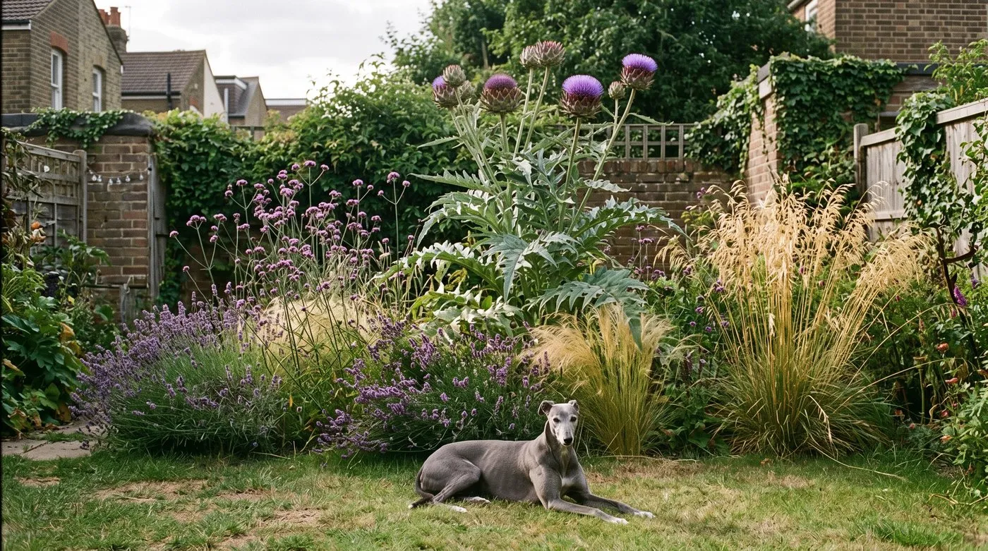 Globe artichoke with silvery leaves and purple thistle flowers at the back of a border, a greyhound on the lawn