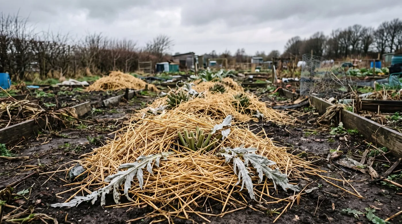 Globe artichoke crowns cut down and covered with a thick straw mulch in November