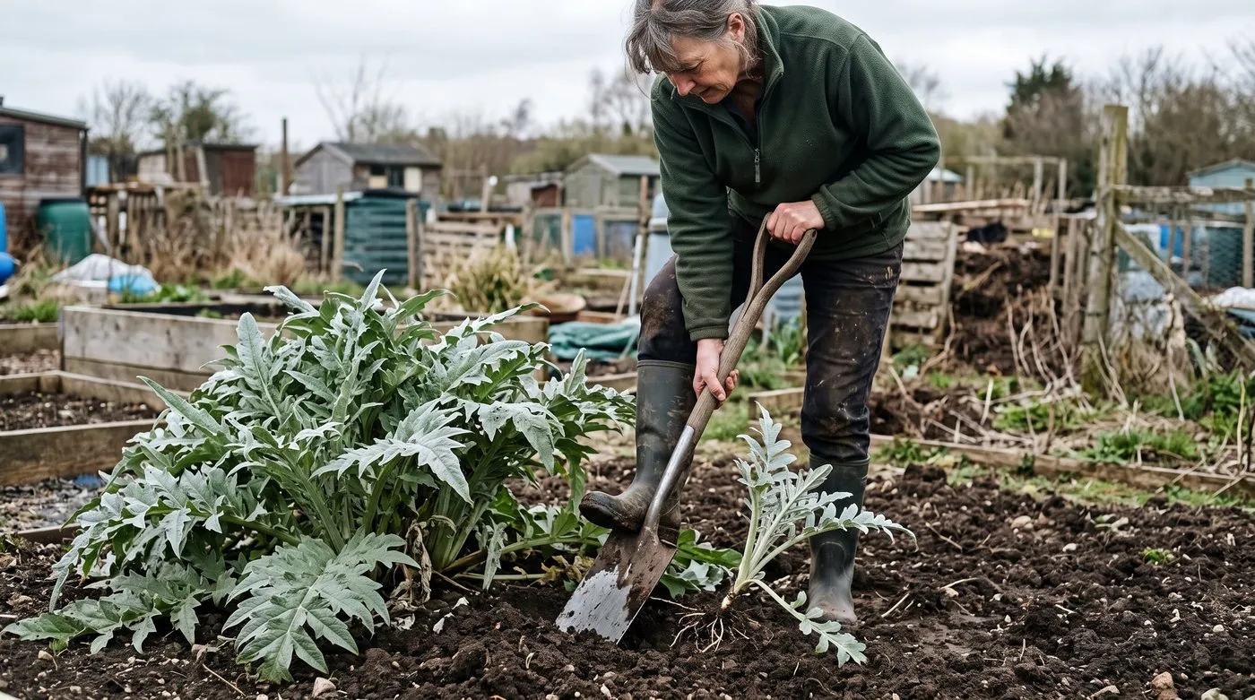Gardener using a spade to separate a rooted offset from the outside of a globe artichoke clump in April