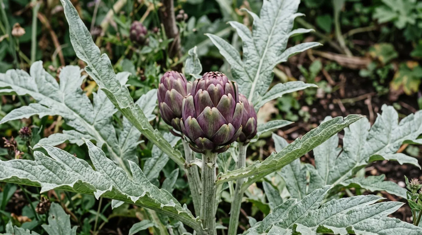 Purple-flushed Violetta di Chioggia globe artichoke buds with silvery leaves
