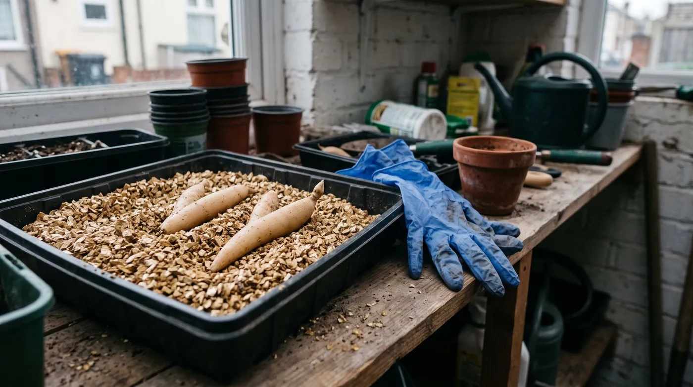 Dormant gloriosa tubers packed in a tray of dry vermiculite for winter storage