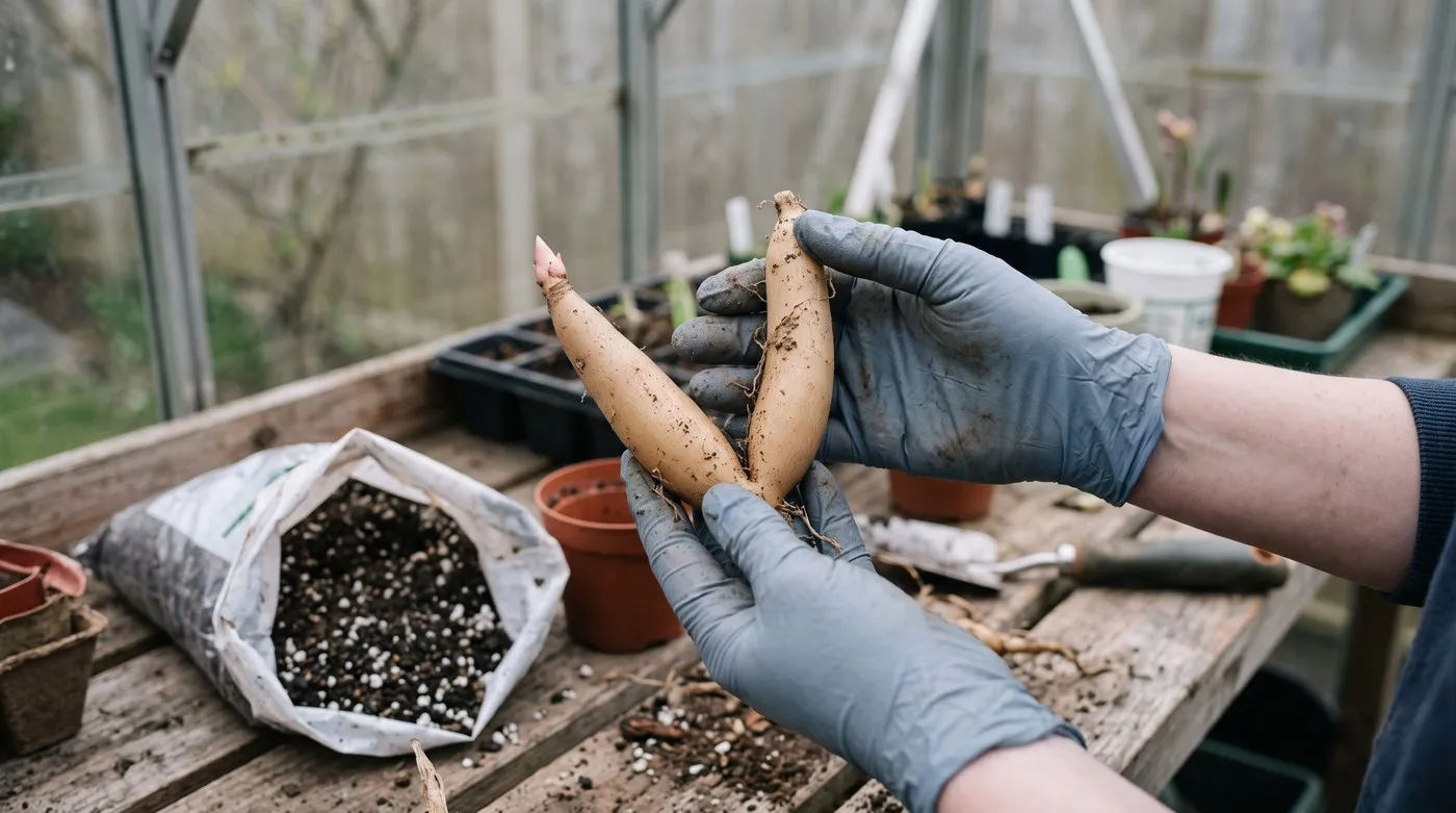 Gloved hands holding a pale V-shaped gloriosa tuber with its small growth bud at the tip