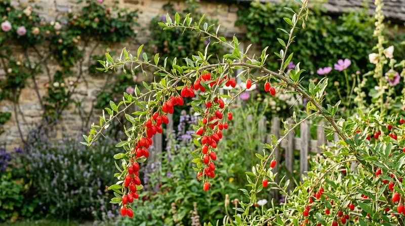 Goji berry plant with bright red berries on arching branches in a UK cottage garden