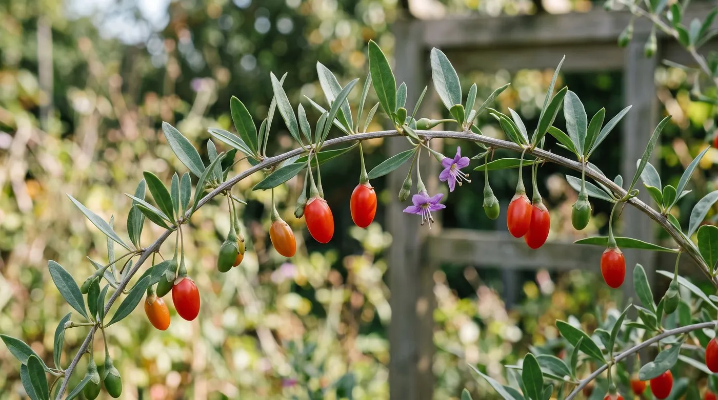 Goji berry branch with ripe scarlet berries beside orange and green unripe ones