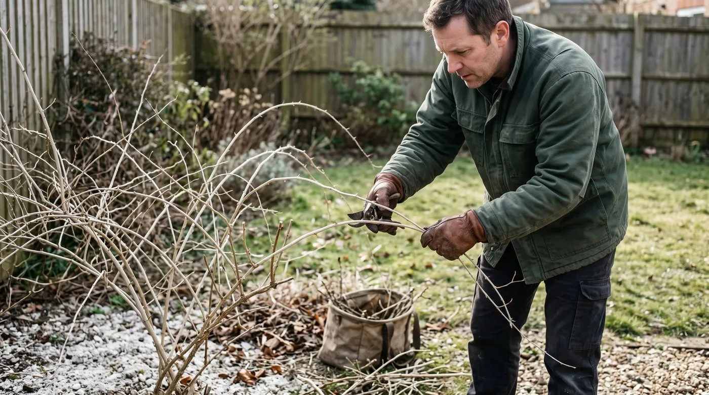 Man pruning a dormant goji berry bush in early spring, cutting last year's shoots back to a few buds
