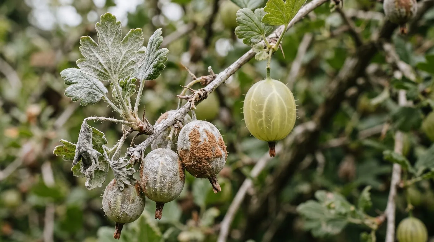 Gooseberries with white powdery mildew turning brown and felty next to a clean green berry