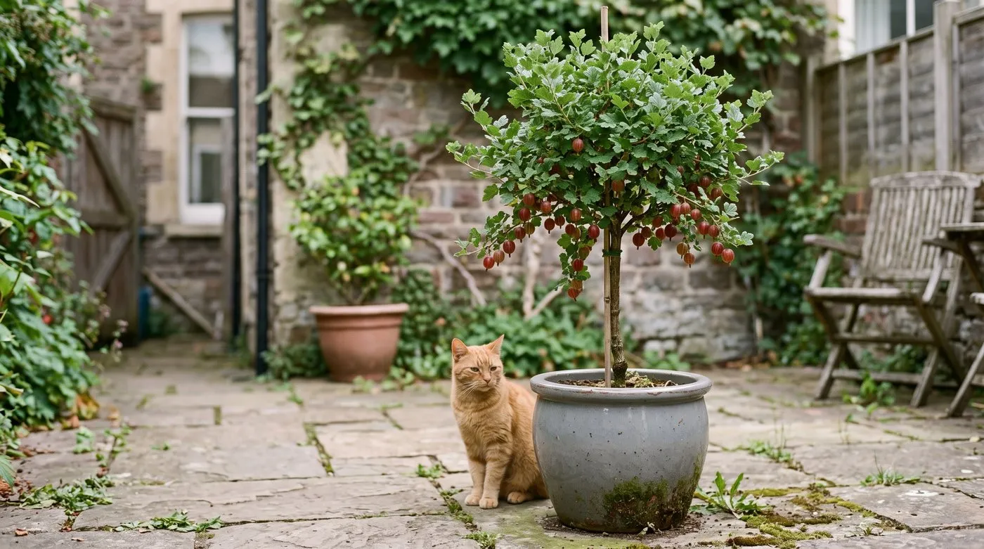 Standard gooseberry with red berries growing in a large pot on a patio, a ginger cat beside it