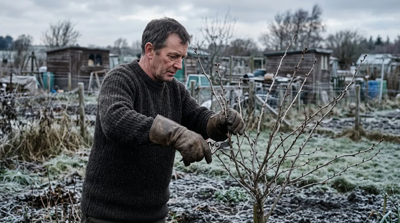 Gardener in leather gloves pruning a gooseberry bush into an open goblet shape in winter