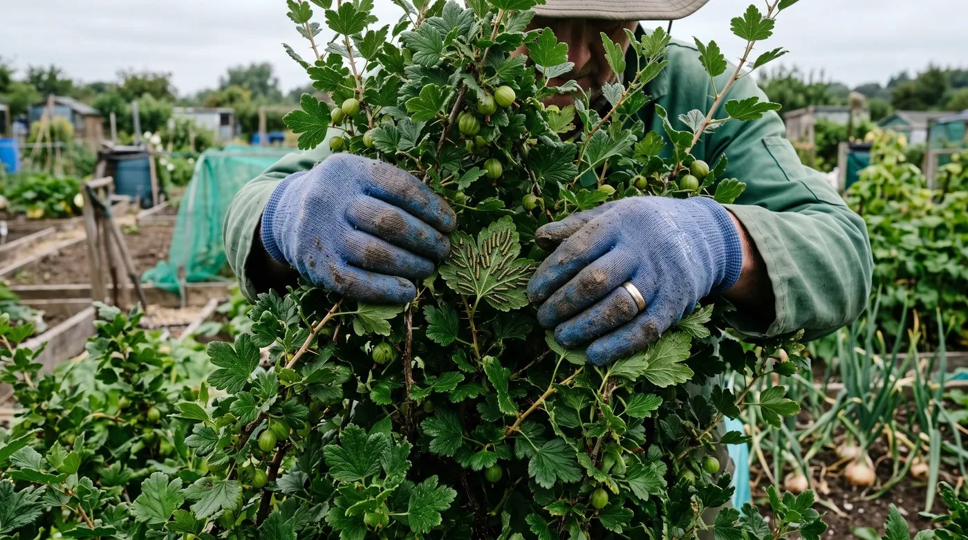 Gardener parting a fruiting gooseberry bush to inspect the shaded inner leaves for sawfly larvae